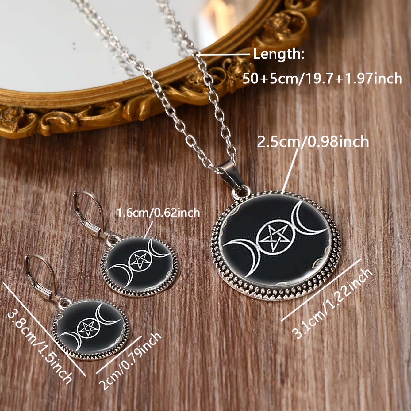 3pcs Set Round Glass Base Pentagram Necklace & Earrings Set